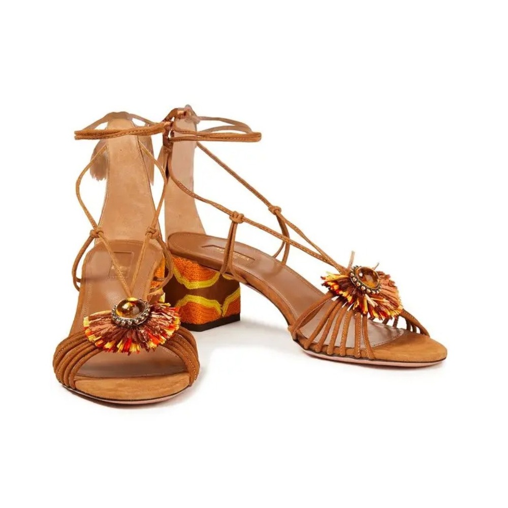 AQUAZZURA  samba 50 embellished suede sandals‎ - camel 37 Brown Tassel Lace Up